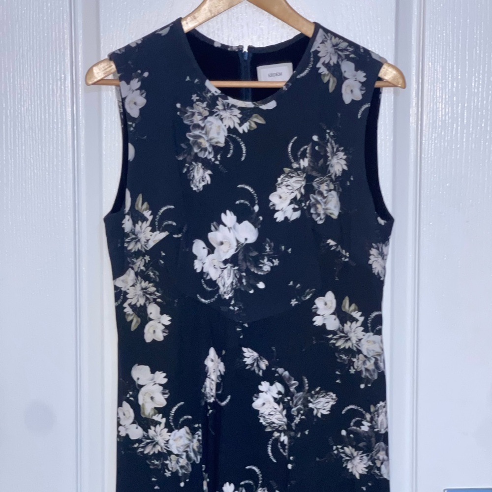 ERDEM Jana Floral Knee Length Crepe Black Floral Sleeveless Midi Dress Ruffle 12 - Picture 8 of 13